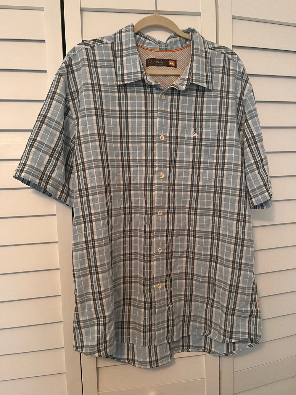 Quiksilver Waterman Collection Men SS Blue White Gray Plaid Button Shirt Large ?